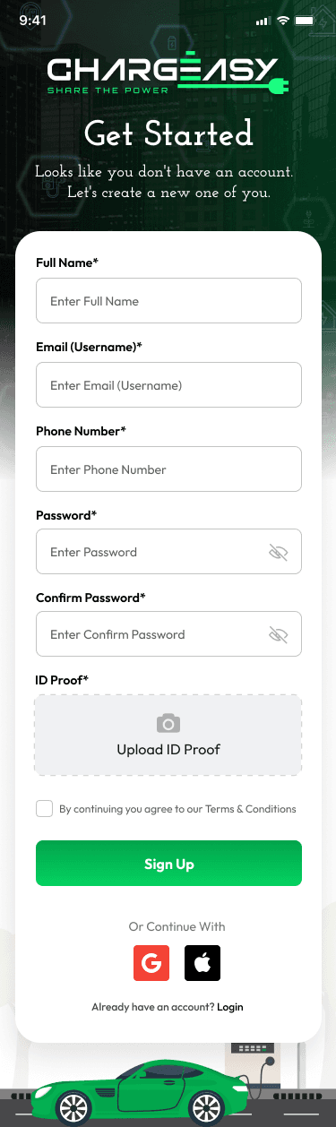 The ChargeEasy sign-up screen