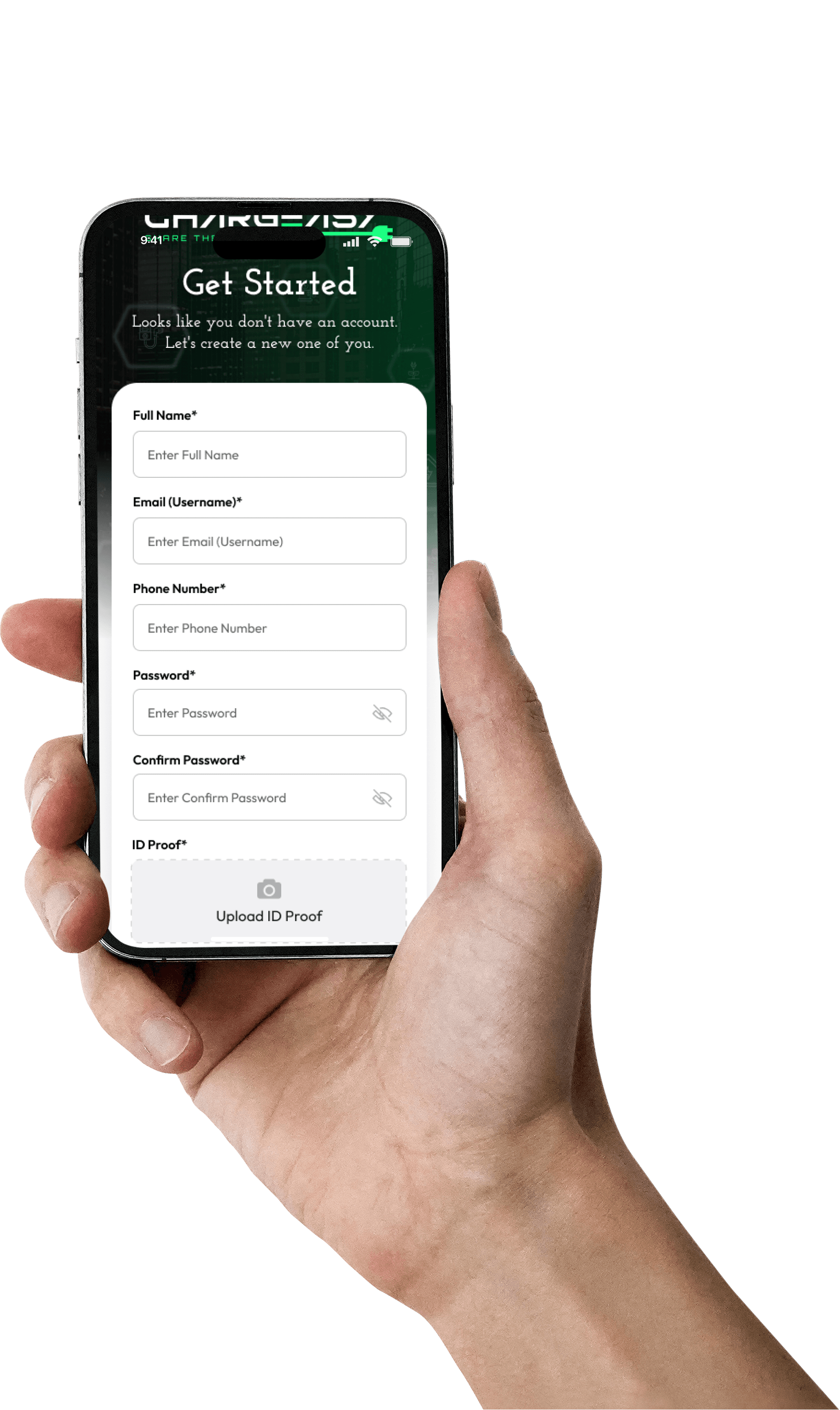 The ChargeEasy sign-up screen held in a hand