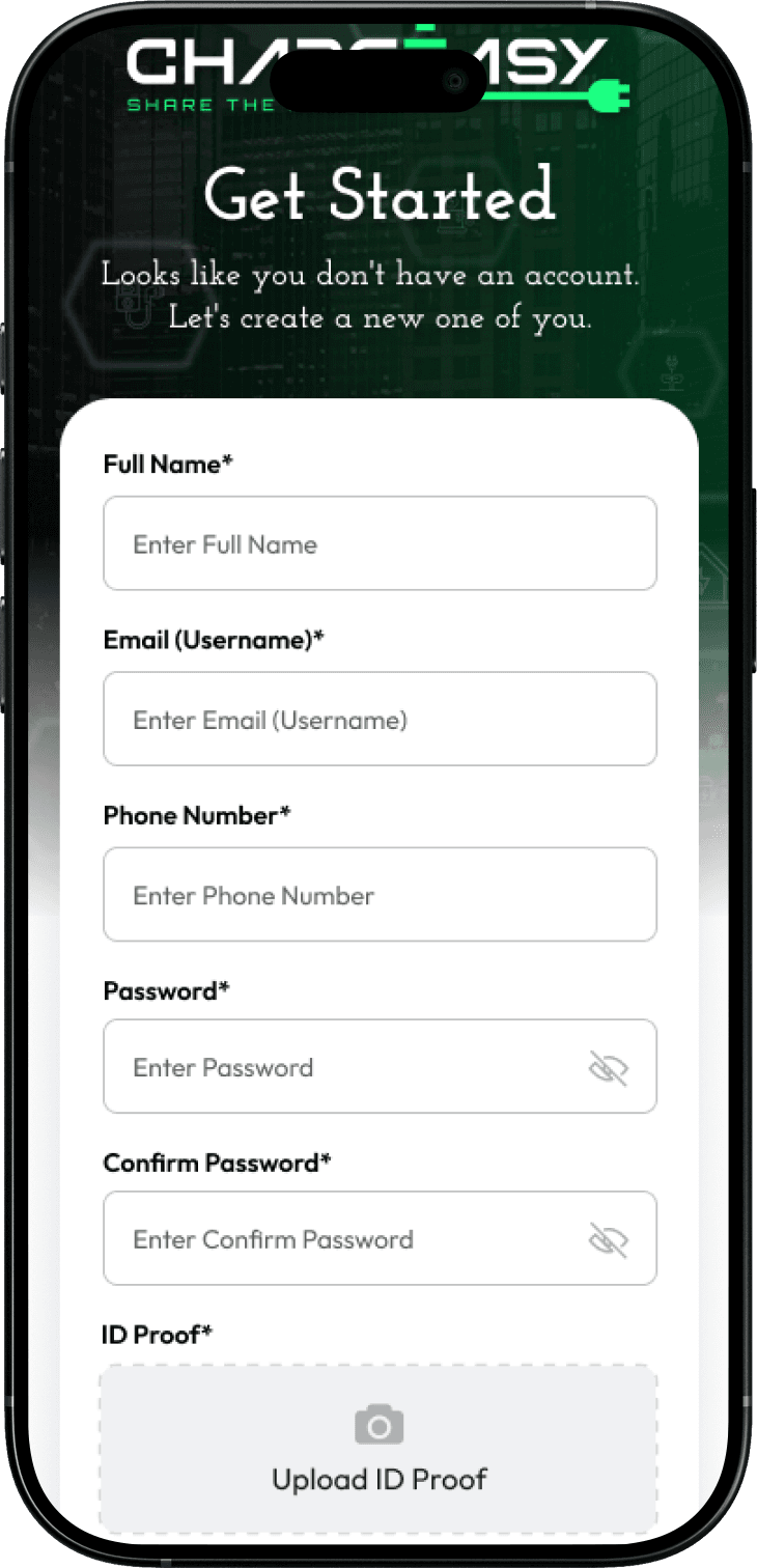 The old ChargeEasy registration screen
