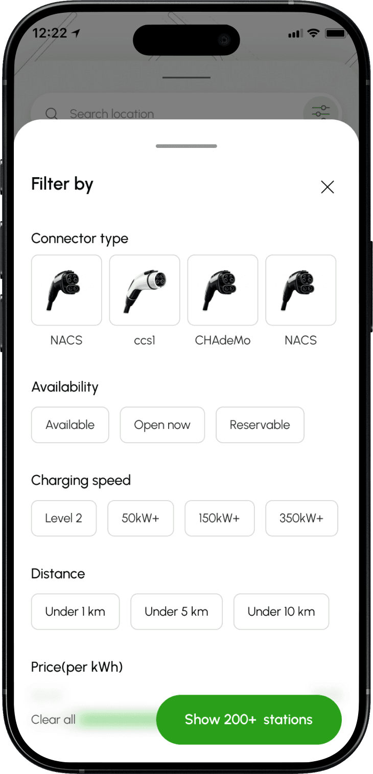 Map filters for narrowing down chargers