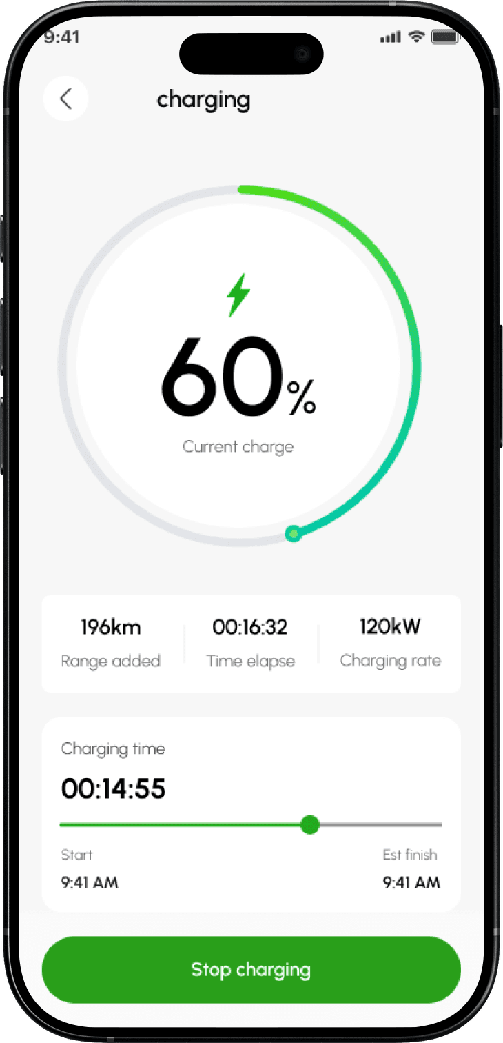 The redesigned live charging session screen