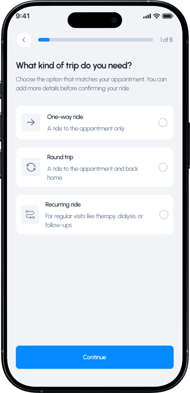 Choosing a transportation service in the Rove Now booking flow
