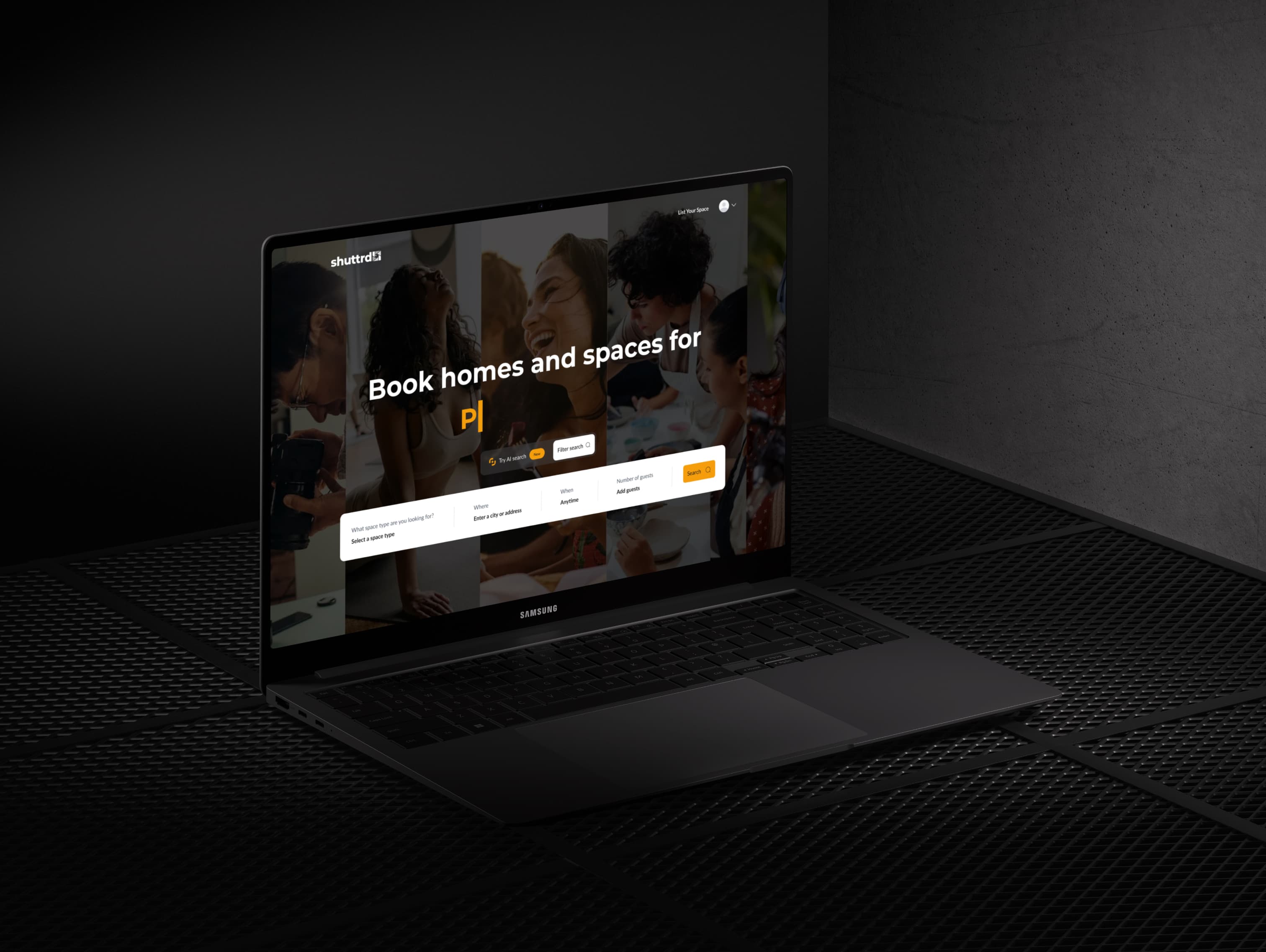 The Shuttrd marketplace home page shown on a laptop