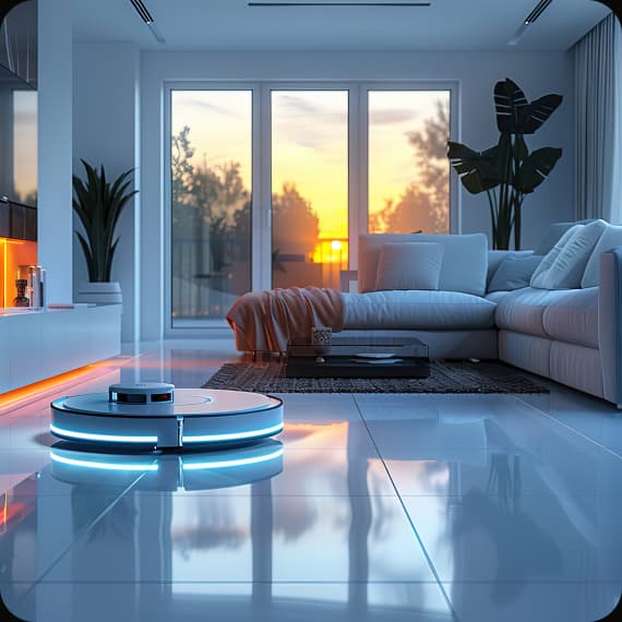 A living room lit at sunset