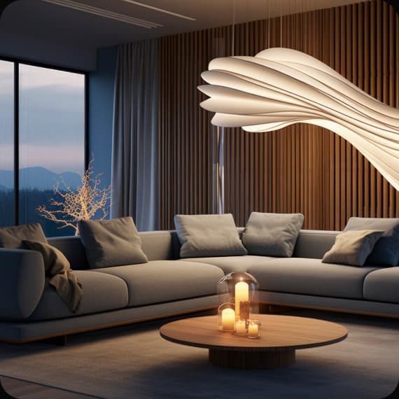 A lounge with a sculptural light